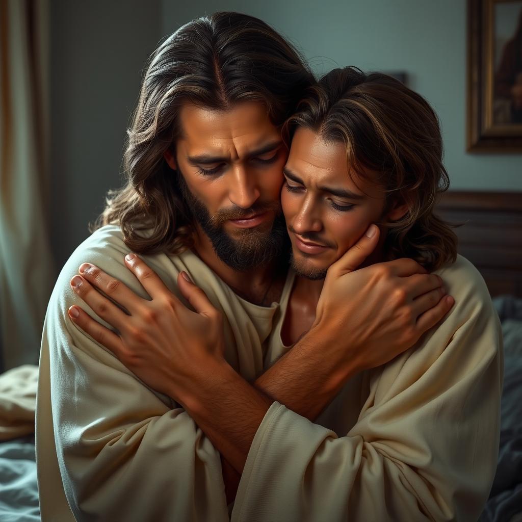 Jesus Christ in a tranquil bedroom, tenderly holding a crying young adult man close to him