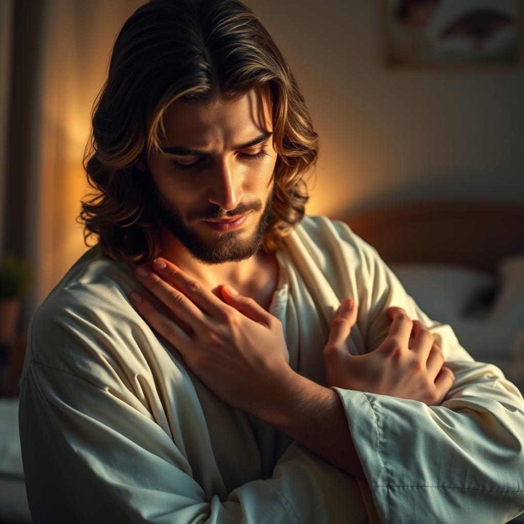 Jesus Christ in a tranquil bedroom, tenderly holding a crying young adult man close to him