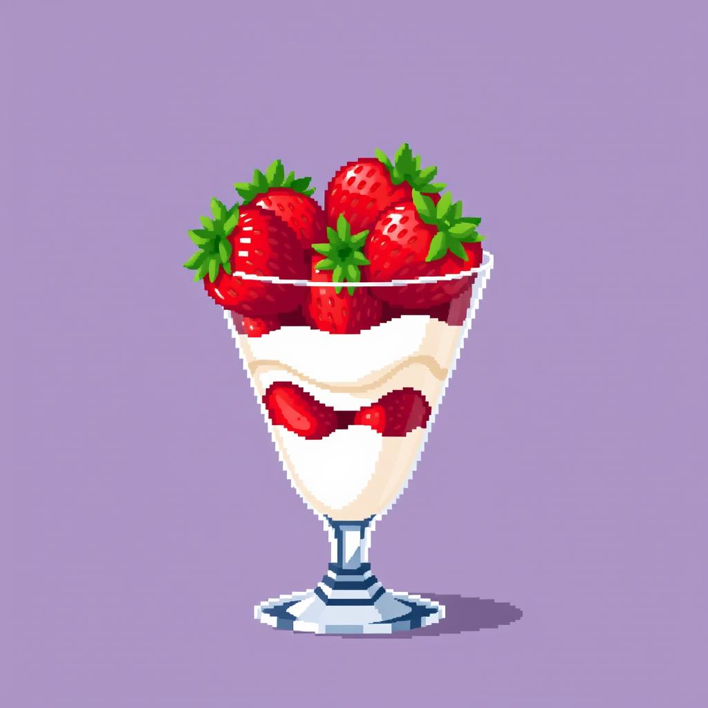 A pixel art rendition of strawberries with cream beautifully arranged in a glass