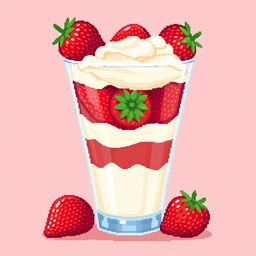 A pixel art rendition of strawberries with cream beautifully arranged in a glass