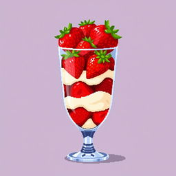 A pixel art rendition of strawberries with cream beautifully arranged in a glass