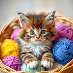 A cute, playful kitten with fluffy fur, big bright eyes, and tiny paws, sitting adorably in a cozy basket surrounded by colorful yarn balls