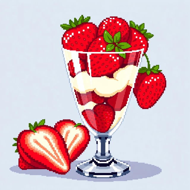 A pixel art rendition of strawberries with cream beautifully arranged in a glass