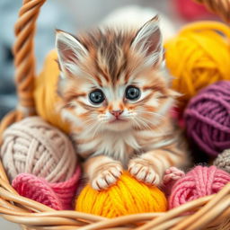 A cute, playful kitten with fluffy fur, big bright eyes, and tiny paws, sitting adorably in a cozy basket surrounded by colorful yarn balls