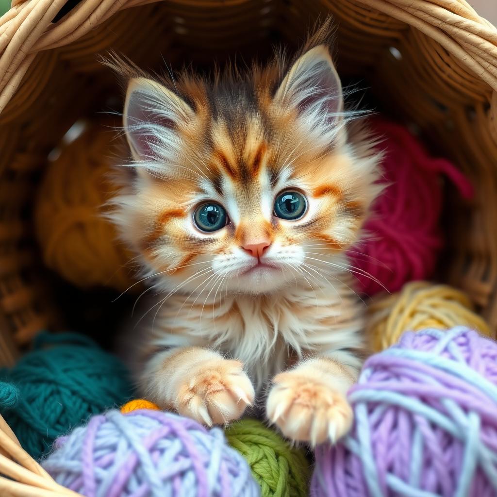 A cute, playful kitten with fluffy fur, big bright eyes, and tiny paws, sitting adorably in a cozy basket surrounded by colorful yarn balls