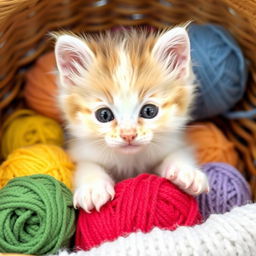 A cute, playful kitten with fluffy fur, big bright eyes, and tiny paws, sitting adorably in a cozy basket surrounded by colorful yarn balls