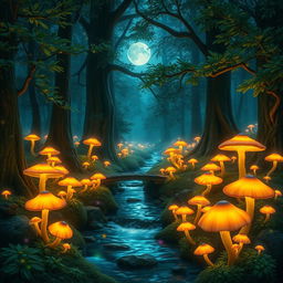 Magical forest with glowing mushrooms scattered throughout