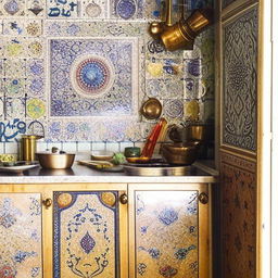 Kitchen interior showcasing Yazd traditional design, complete with ornate cabinetry, tiled backsplash reflecting typical Persian motifs, a central hearth, and brass utensils hung on walls.