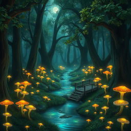 Magical forest with glowing mushrooms scattered throughout