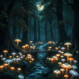 Magical forest with glowing mushrooms scattered throughout