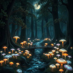 Magical forest with glowing mushrooms scattered throughout