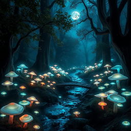 Magical forest with glowing mushrooms scattered throughout