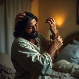 In a softly-lit bedroom, Jesus Christ tenderly holds a crying young adult man close to him