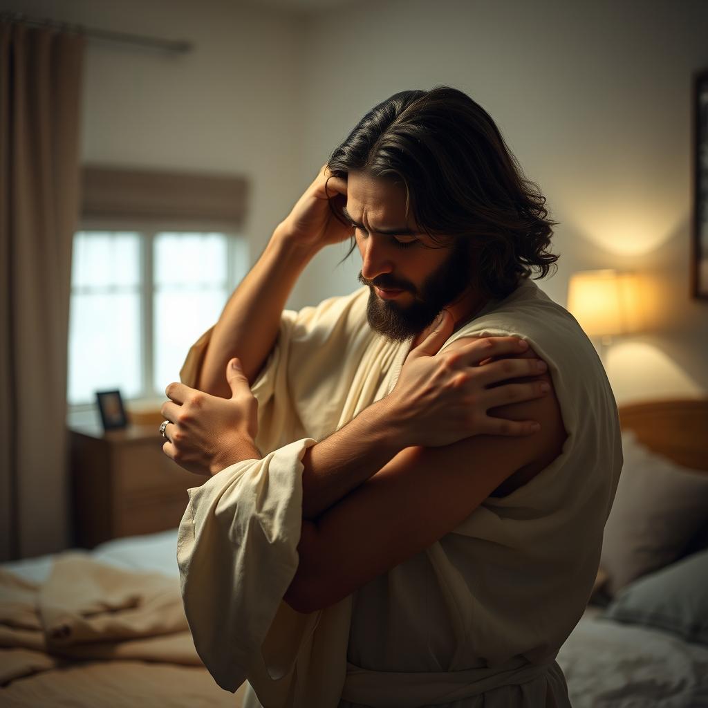 In a softly-lit bedroom, Jesus Christ tenderly holds a crying young adult man close to him