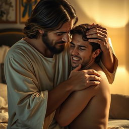 In a softly-lit bedroom, Jesus Christ tenderly holds a crying young adult man close to him