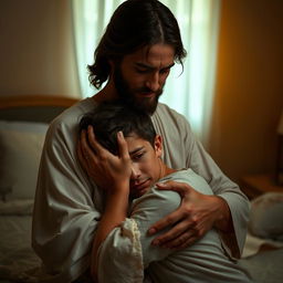 In a softly-lit bedroom, Jesus Christ tenderly holds a crying young adult man close to him