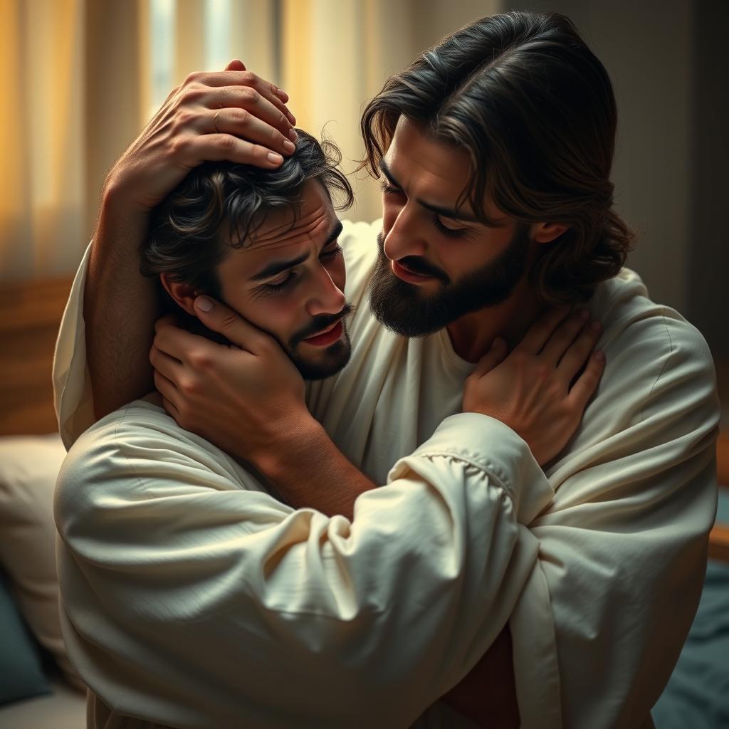 In a softly-lit bedroom, Jesus Christ tenderly holds a crying young adult man close to him