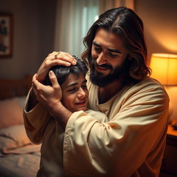 In a softly-lit bedroom, Jesus Christ tenderly holds a crying young adult man close to him