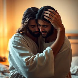 In a softly-lit bedroom, Jesus Christ tenderly holds a crying young adult man close to him