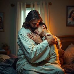 In a cozy bedroom setting, Jesus Christ tenderly holds a crying young adult man close to him