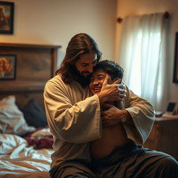 In a cozy bedroom setting, Jesus Christ tenderly holds a crying young adult man close to him