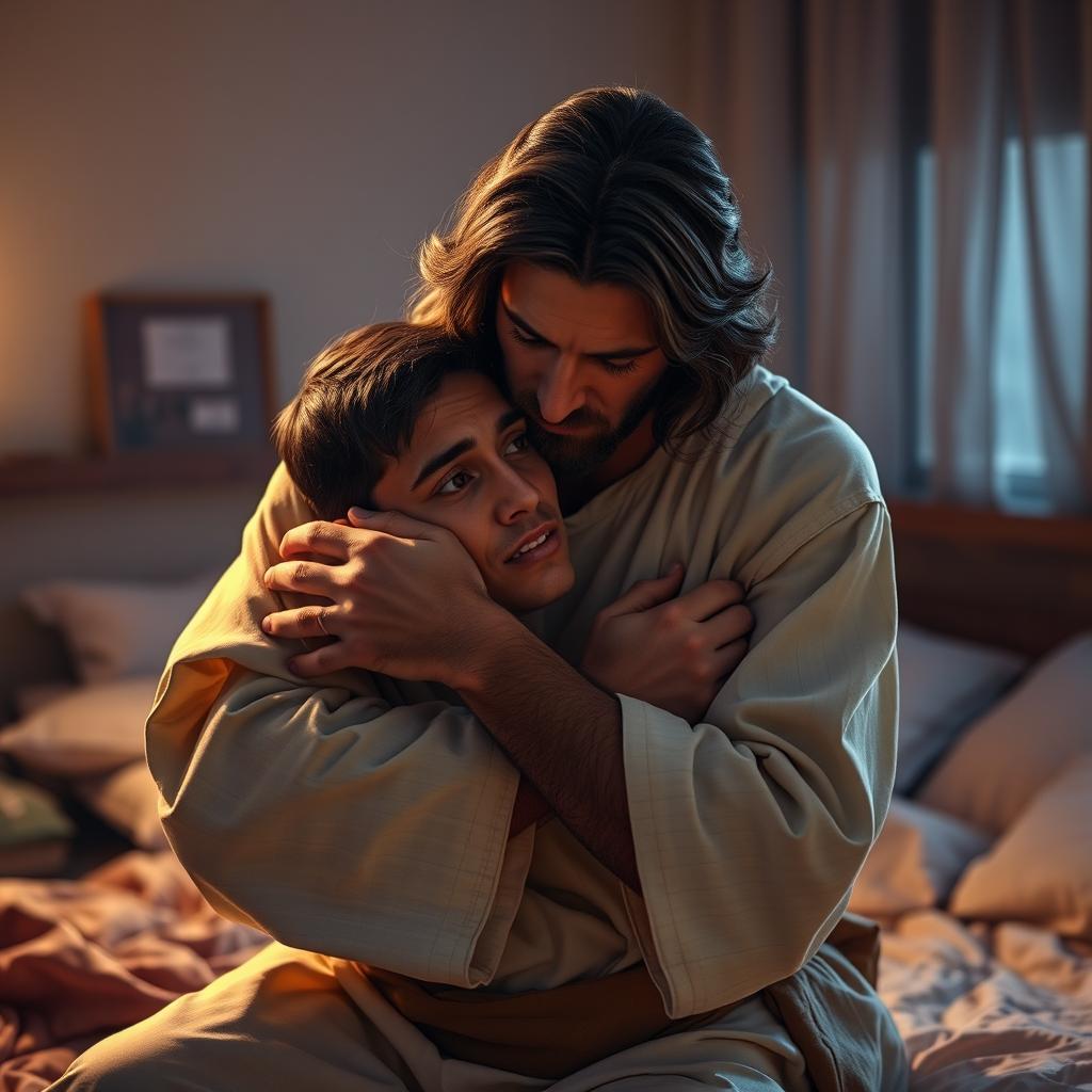 In a cozy bedroom setting, Jesus Christ tenderly holds a crying young adult man close to him