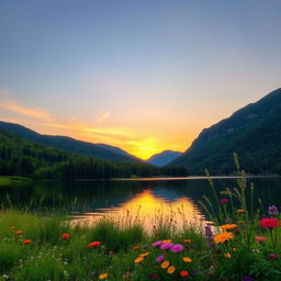 Harmony in nature, a peaceful scene of a serene lake surrounded by lush green forests and mountains