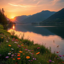 Harmony in nature, a peaceful scene of a serene lake surrounded by lush green forests and mountains