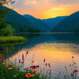 Harmony in nature, a peaceful scene of a serene lake surrounded by lush green forests and mountains