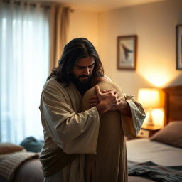 In a tranquil bedroom, Jesus Christ is gently holding a crying man close to him