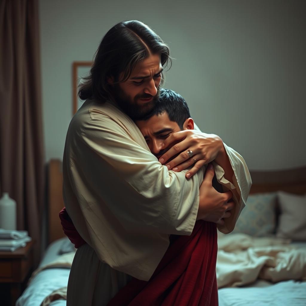 In a tranquil bedroom, Jesus Christ is gently holding a crying man close to him