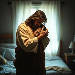 In a tranquil bedroom, Jesus Christ is gently holding a crying man close to him