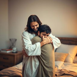 In a tranquil bedroom, Jesus Christ is gently holding a crying man close to him