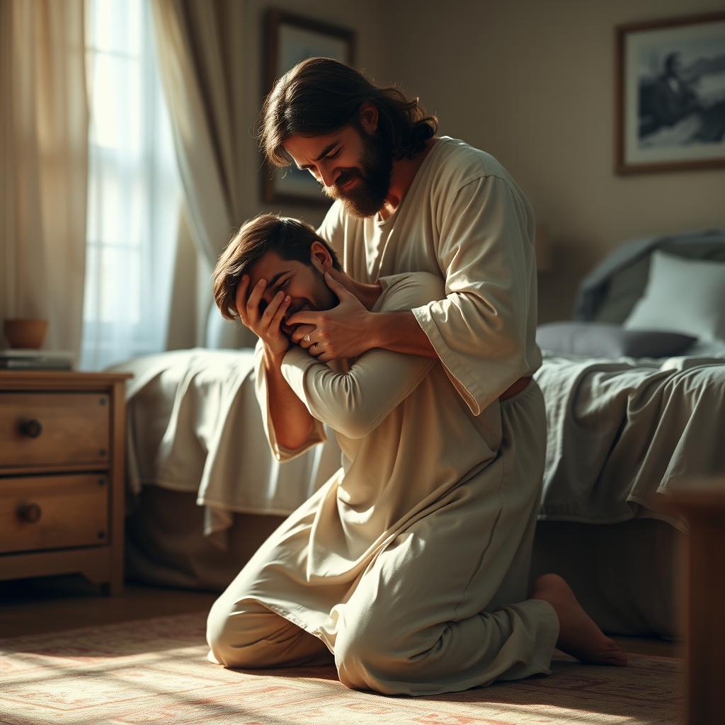 In a cozy bedroom, a crying man kneels on the floor, his face filled with emotion