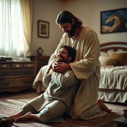 In a cozy bedroom, a crying man kneels on the floor, his face filled with emotion