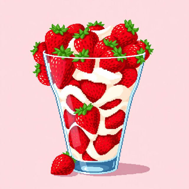 A pixel art depiction of a glass brimming with an abundance of strawberries and cream