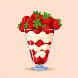 A pixel art depiction of a glass brimming with an abundance of strawberries and cream