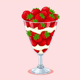 A pixel art depiction of a glass brimming with an abundance of strawberries and cream