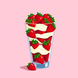 A pixel art depiction of a glass brimming with an abundance of strawberries and cream