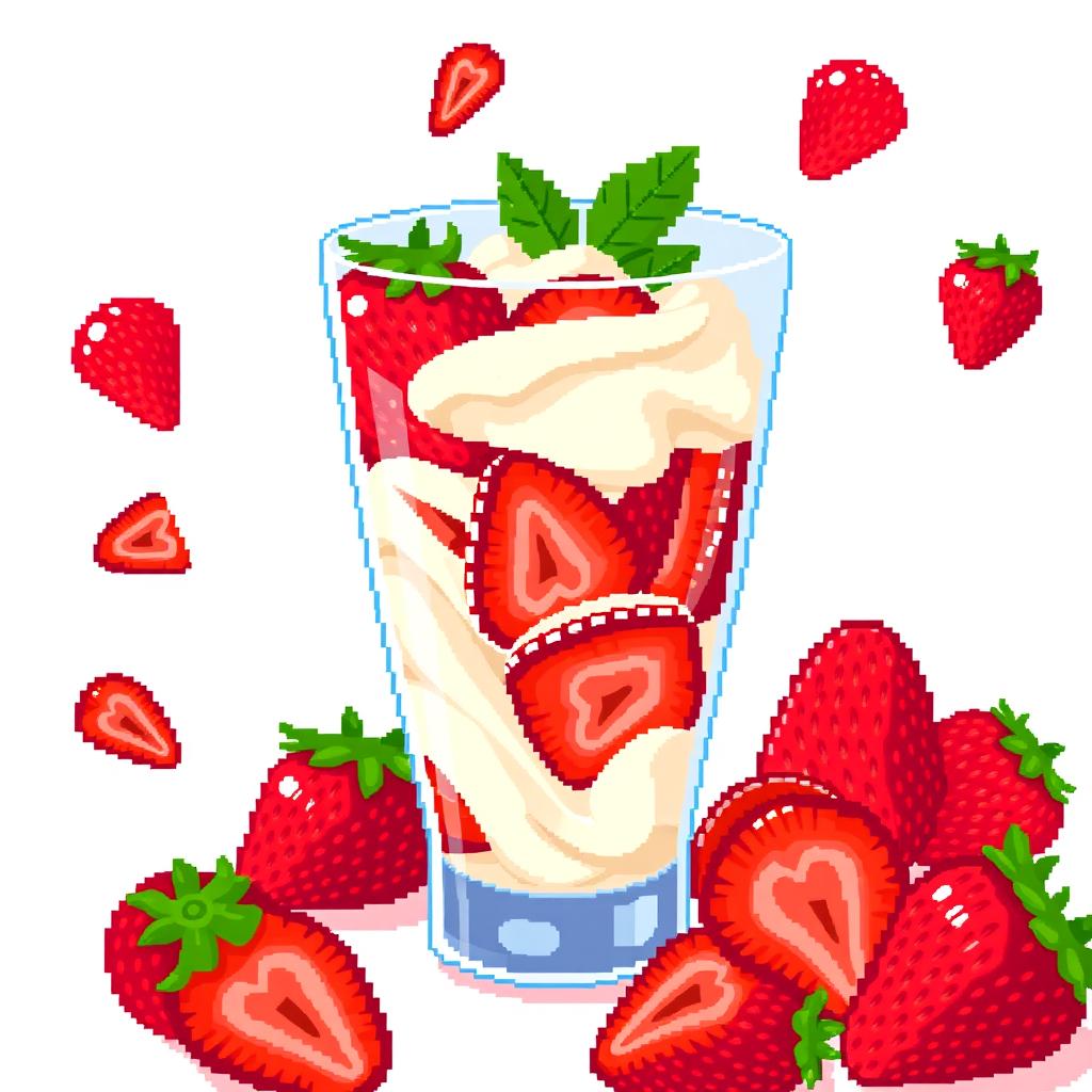 A pixel art scene showcasing a glass filled with an abundance of sliced strawberries and cream