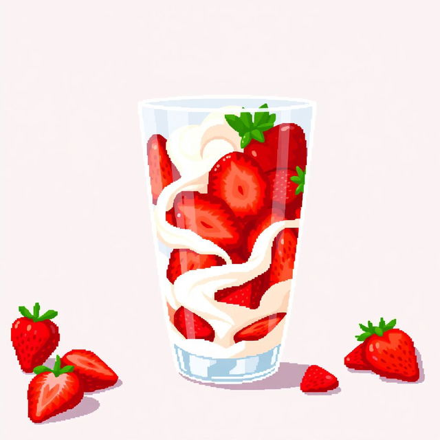 A pixel art scene showcasing a glass filled with an abundance of sliced strawberries and cream