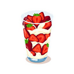 A pixel art scene showcasing a glass filled with an abundance of sliced strawberries and cream