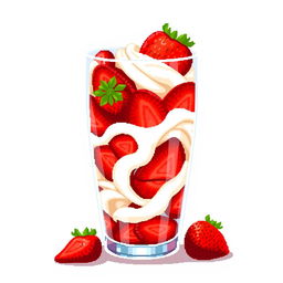 A pixel art scene showcasing a glass filled with an abundance of sliced strawberries and cream