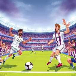 A dynamic and eye-catching illustration of a Real Madrid vs Real Valladolid football match, designed for a YouTube thumbnail