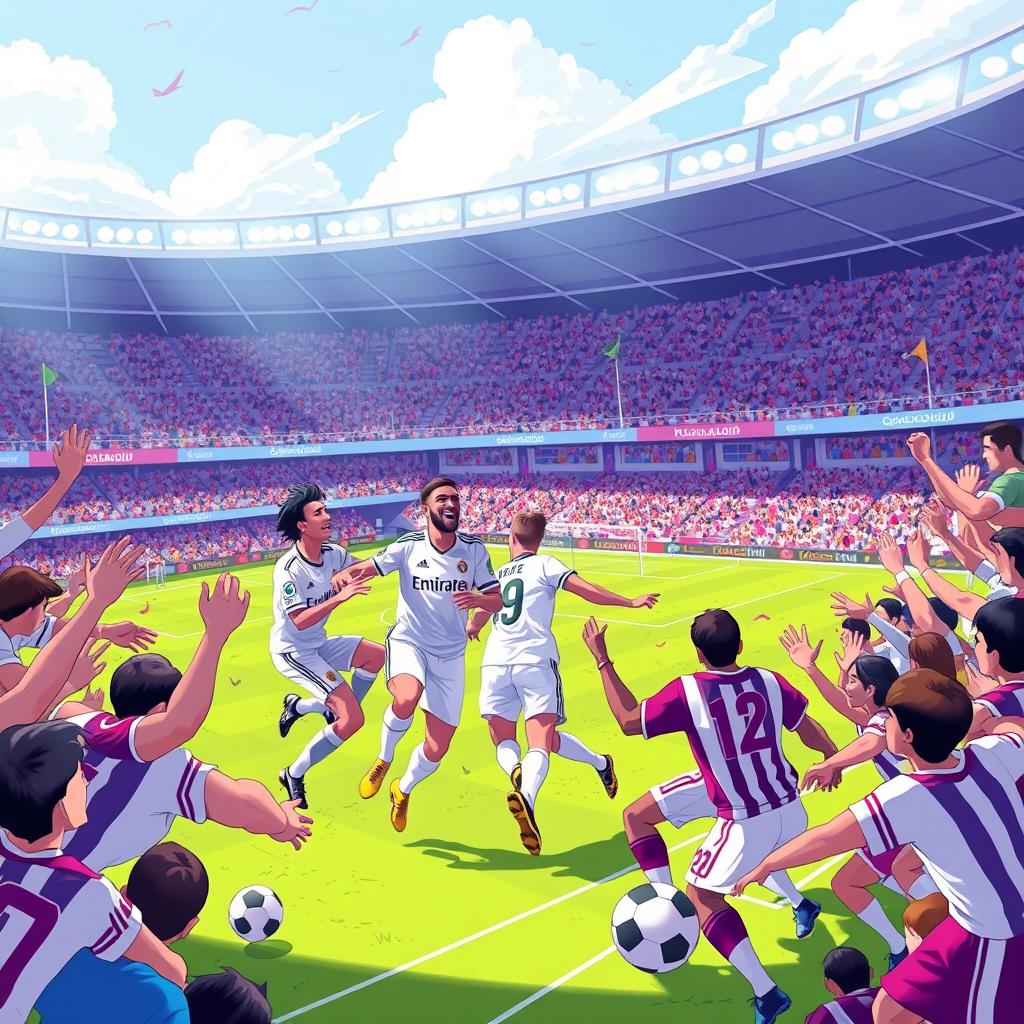 A dynamic and eye-catching illustration of a Real Madrid vs Real Valladolid football match, designed for a YouTube thumbnail