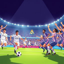 A dynamic and eye-catching illustration of a Real Madrid vs Real Valladolid football match, designed for a YouTube thumbnail