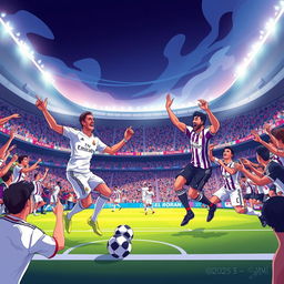 A dynamic and eye-catching illustration of a Real Madrid vs Real Valladolid football match, designed for a YouTube thumbnail