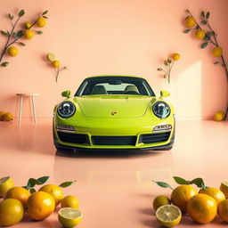 A stunning poster of a Porsche 911 captured in a raw photograph style with a lime-themed color palette