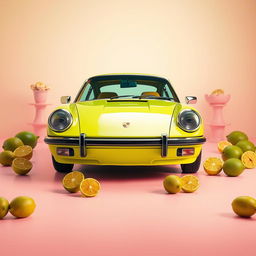 A stunning poster of a Porsche 911 captured in a raw photograph style with a lime-themed color palette