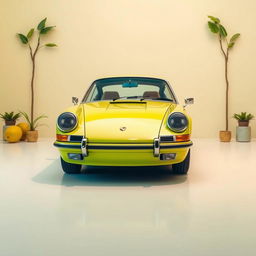 A stunning poster of a Porsche 911 captured in a raw photograph style with a lime-themed color palette